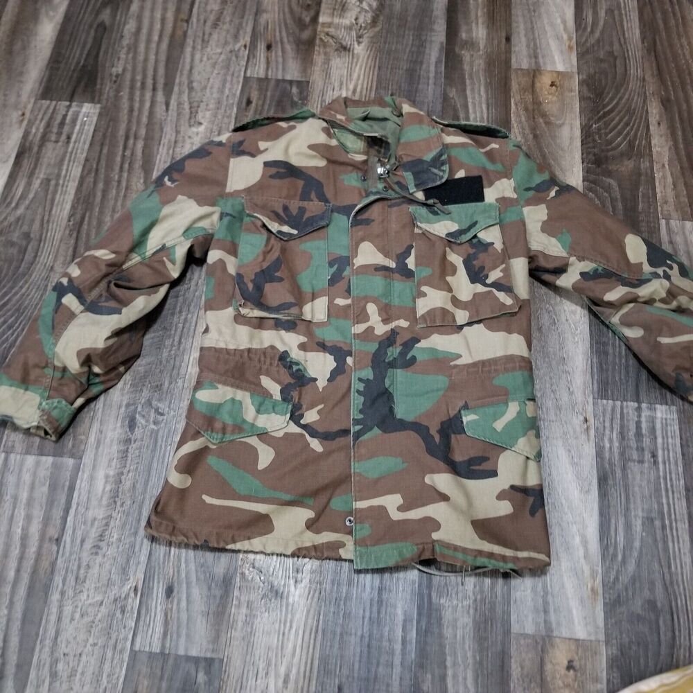 Army Cold Weather Field Jacket Mens Small Long Woodland Camo BDU Hooded